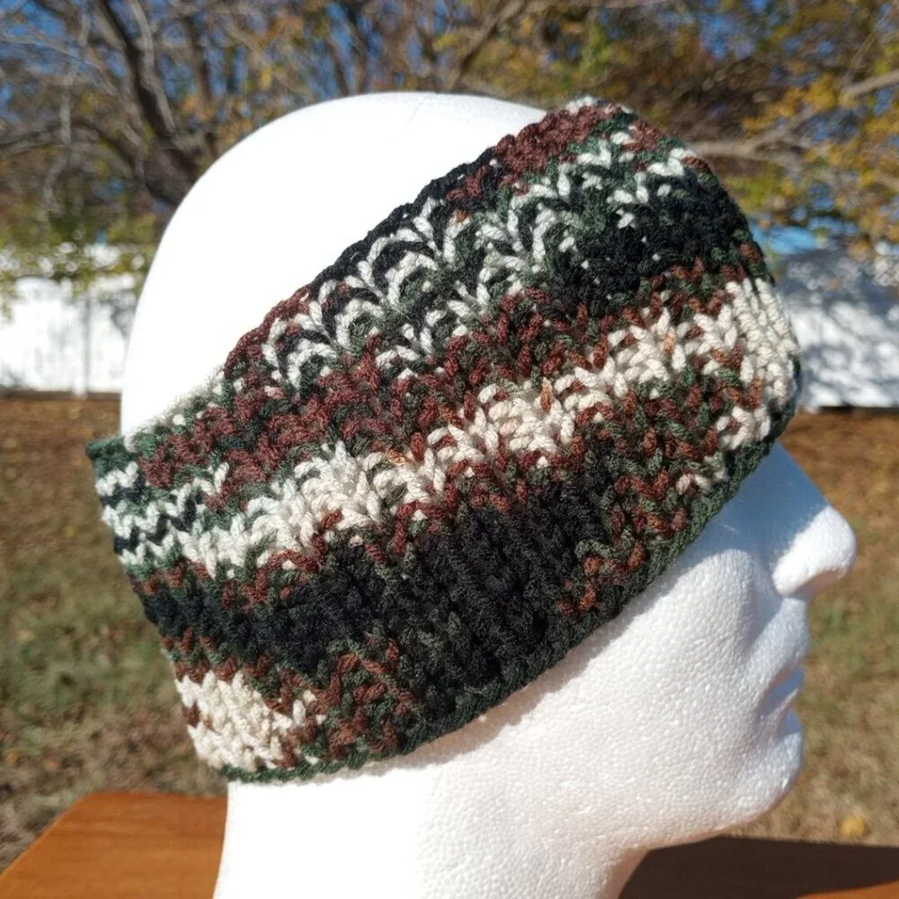 Men's Handmade Headband Circlet Bandeau Camo Black Brown Rib Knit USA Womens M/L - Picture 4 of 10